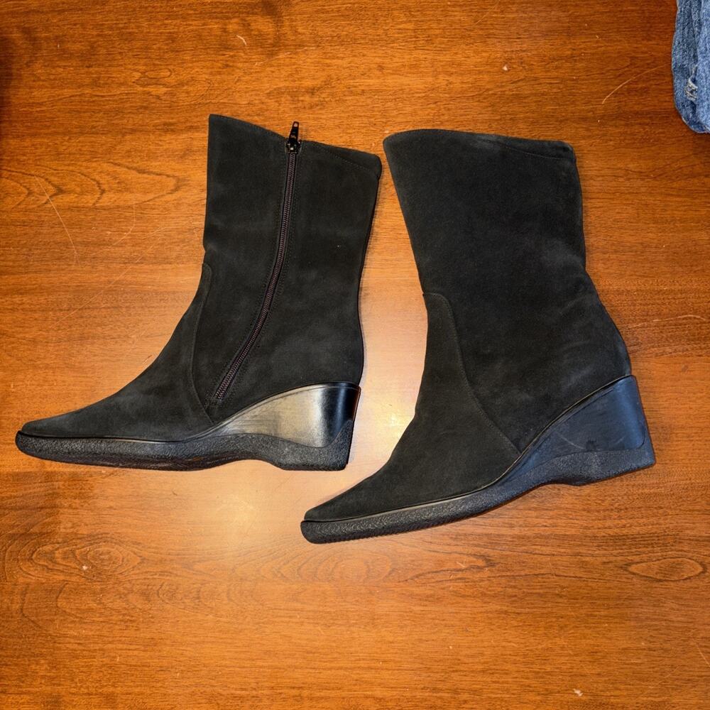 Aquatalia Boots Womens 9.5 Black Wedge Leather Suede Mid Calf Side Zip Classic